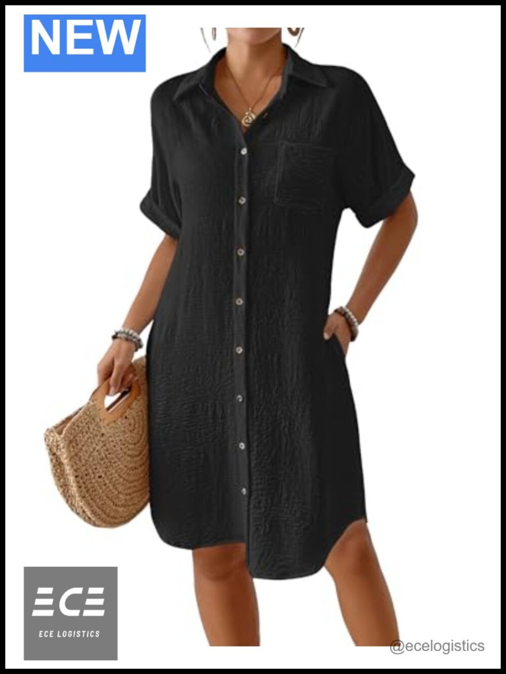 Button Down Beach Shirt Dress Knee Length Swim Coverup with Pockets